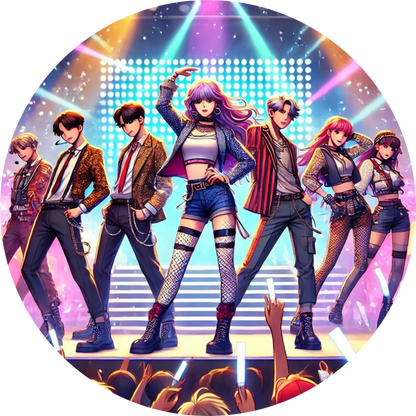 K-Pop Band in bunten Outfits bei einer mitreißenden Bühnenperformance