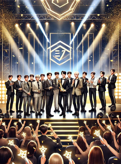 K-Pop Boygroup auf Bühne mit Goldlicht:
Eine Boyband steht in glamouröser Beleuchtung auf der Bühne vor einem großen Symbol – Darstellung im Hero-Poster-Stil.