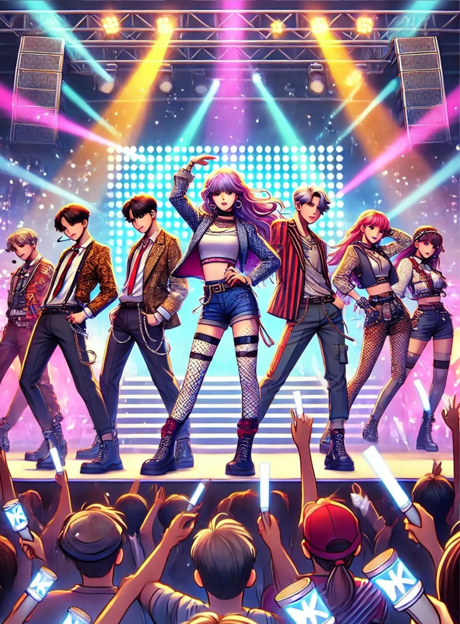 K-Pop-Girlgroup in Glitzerkostümen auf einer Bühne mit Lichtshow.
