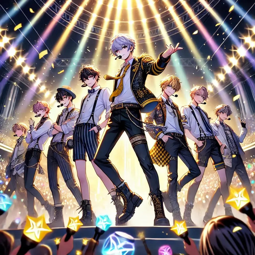 Eine Gruppe männlicher Anime-Stars performt auf einer hell erleuchteten Bühne.