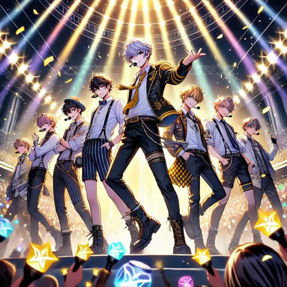 Eine Gruppe männlicher Anime-Stars performt auf einer hell erleuchteten Bühne.