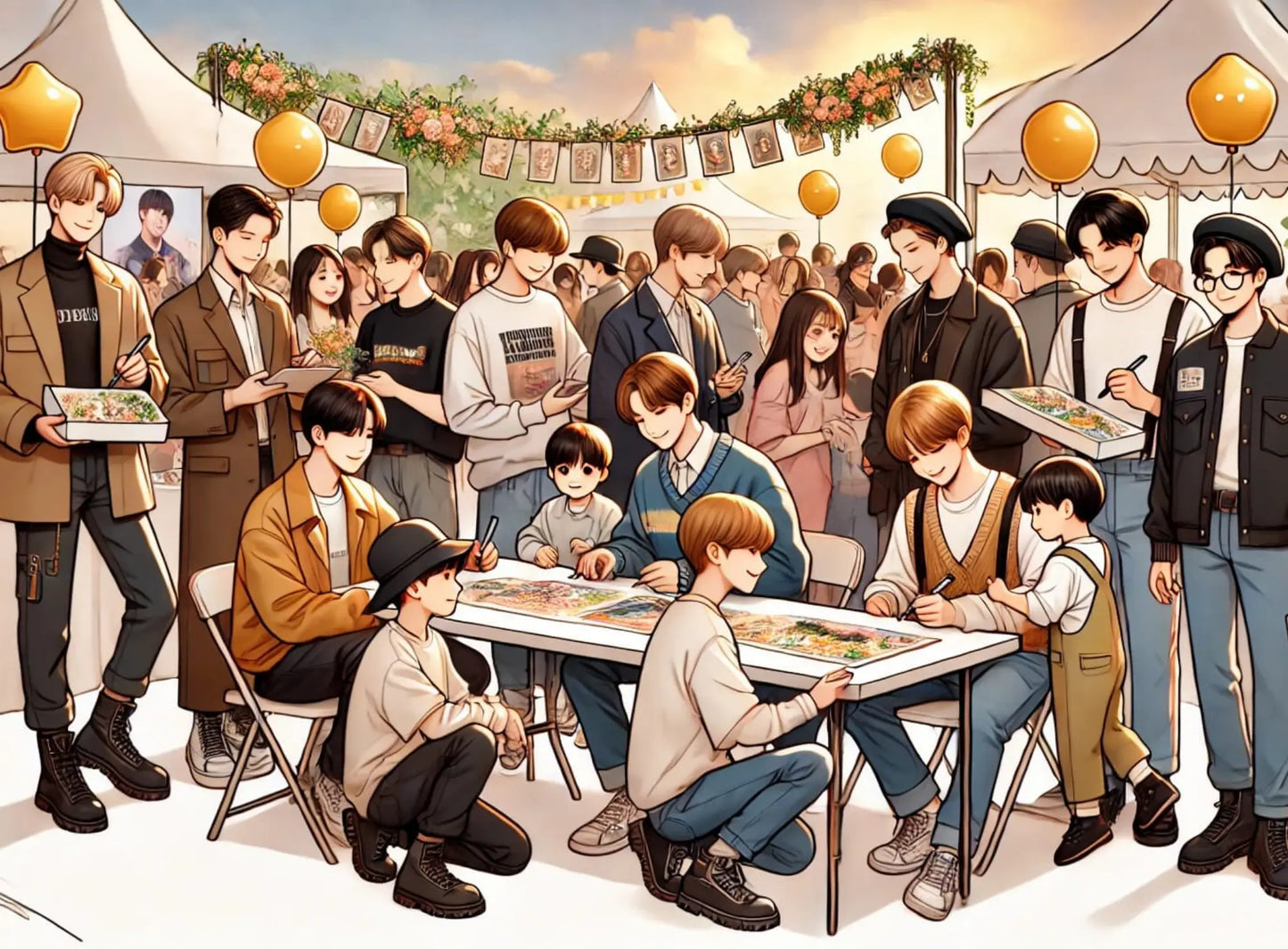 Picknickszene mit Idols:
Eine überdrehte, lustige Szene zeigt eine K-Pop-Gruppe bei einem Picknick mit überbordendem Essen und Selfies – bunte Darstellung mit Humor.