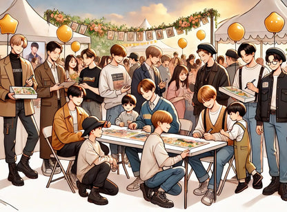 Picknickszene mit Idols:
Eine überdrehte, lustige Szene zeigt eine K-Pop-Gruppe bei einem Picknick mit überbordendem Essen und Selfies – bunte Darstellung mit Humor.