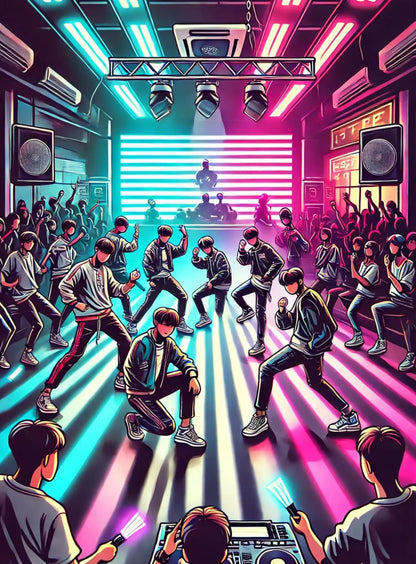 Bühnenauftritt mit K-Pop-Tänzer:innen vor leuchtenden Neonlichtern.