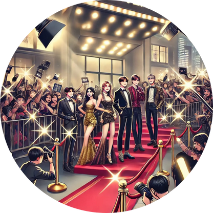 Roter Teppich mit Prominenten, Fotografen und Blitzlichtgewitter