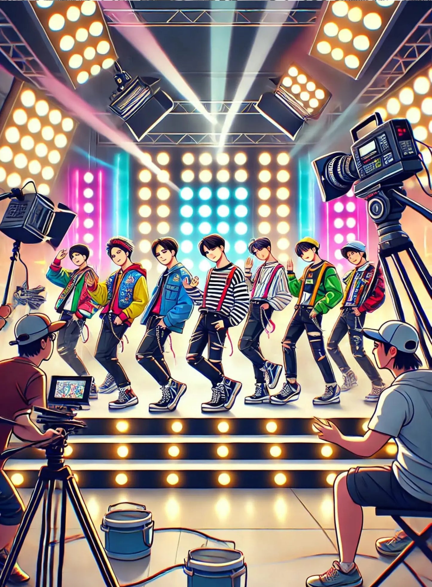 K-Pop-Tänzer auf der Bühne:
Eine energiegeladene Illustration einer Tanzgruppe auf der Bühne mit grellen Scheinwerfern – stylische Darstellung des K-Pop-Lifestyles.