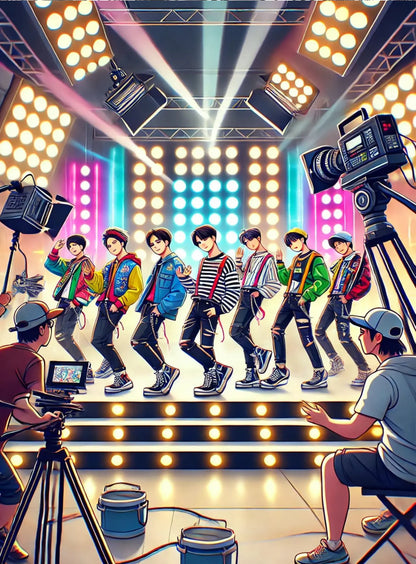 K-Pop-Tänzer auf der Bühne:
Eine energiegeladene Illustration einer Tanzgruppe auf der Bühne mit grellen Scheinwerfern – stylische Darstellung des K-Pop-Lifestyles.