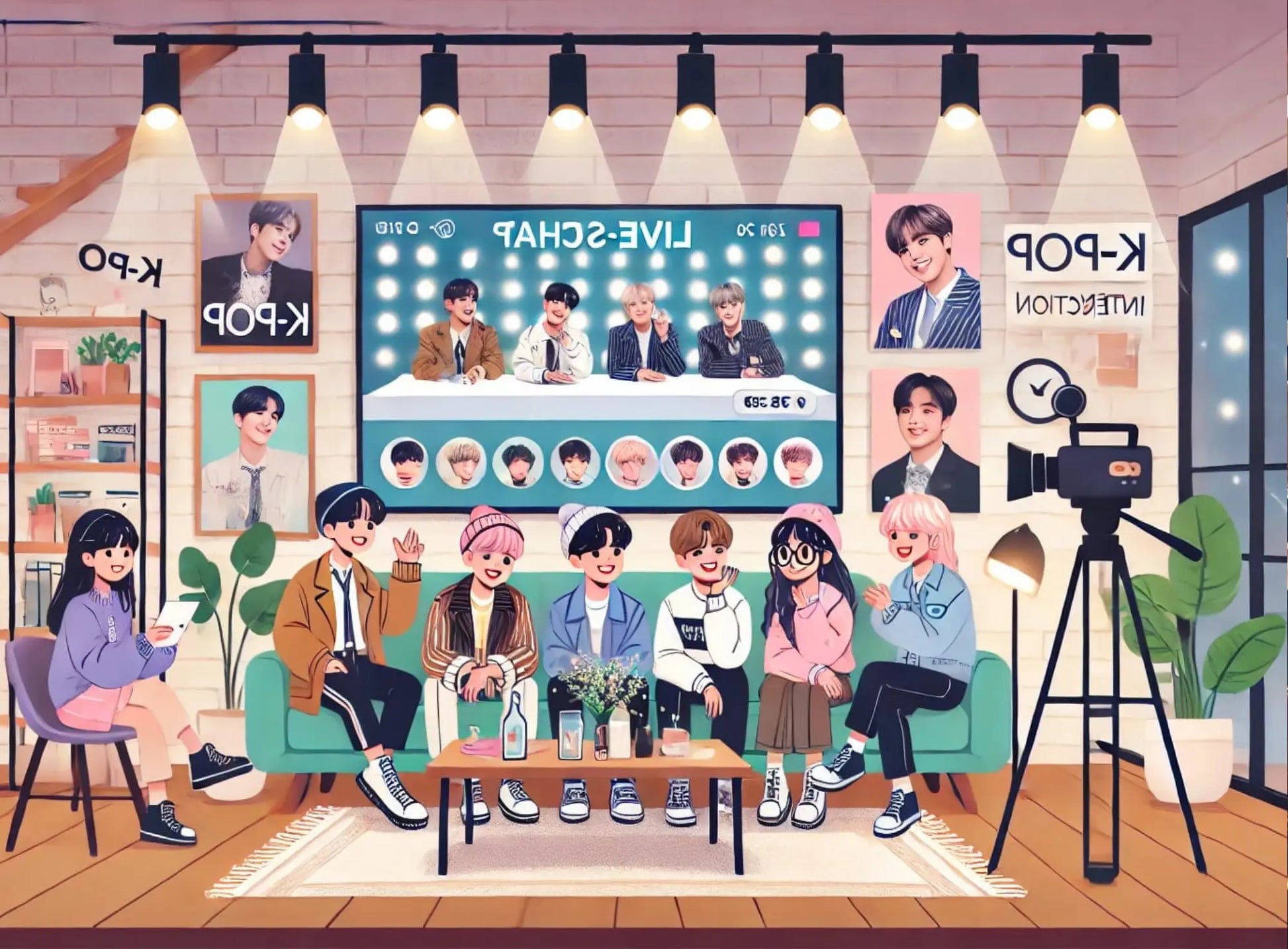 Fans vor Posterwand – K-Pop Treffpunkt:
Mehrere Mädchen schauen begeistert auf eine bunte Wand mit Poster und K-Pop-Artikeln – Darstellung eines typischen Treffpunkts für Fans.