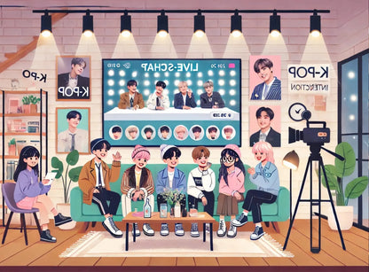 Fans vor Posterwand – K-Pop Treffpunkt:
Mehrere Mädchen schauen begeistert auf eine bunte Wand mit Poster und K-Pop-Artikeln – Darstellung eines typischen Treffpunkts für Fans.