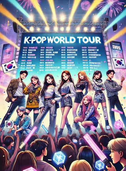 K-Pop World Tour – Mädchenband:
Ein Plakat im Konzertstil mit Mädchenband auf der Bühne vor leuchtenden Displays – typisch für internationale K-Pop-Konzerte.