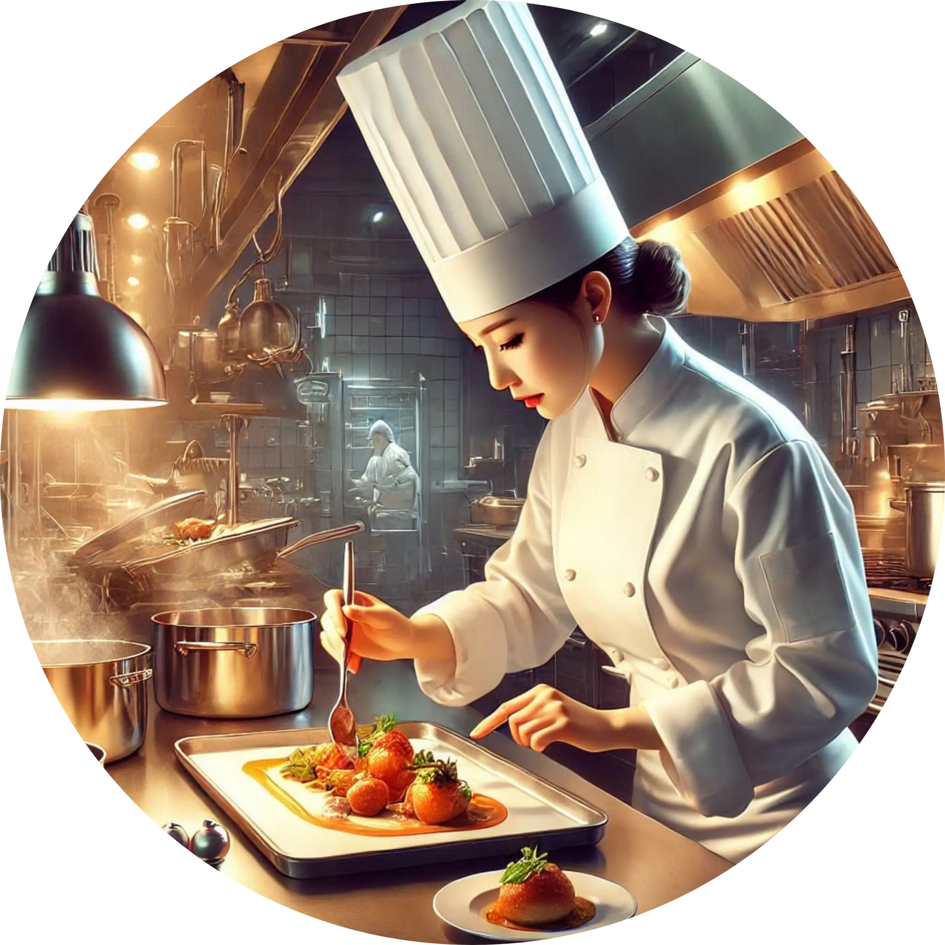 Köchin richtet ein Gericht in einer professionellen Restaurantküche an