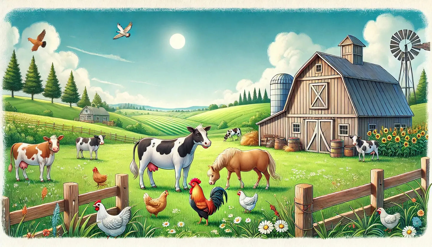 Kühe, Hühner und Gänse auf grüner Wiese mit Apfelbaum vor Bauernhof.