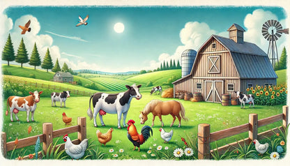 Kühe, Hühner und Gänse auf grüner Wiese mit Apfelbaum vor Bauernhof.