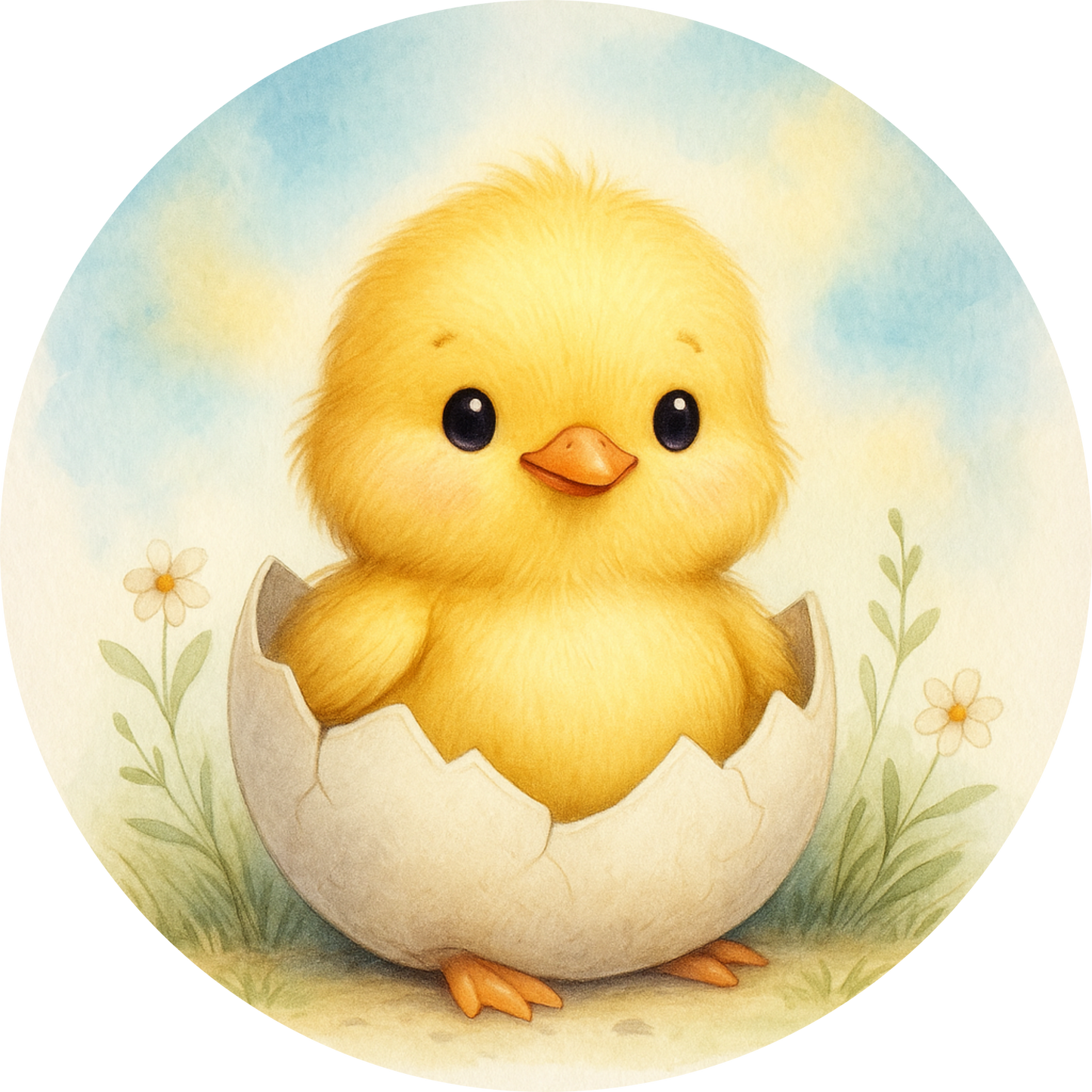 Küken schlüpft aus Ei, auf Wiese vor blauem Himmel