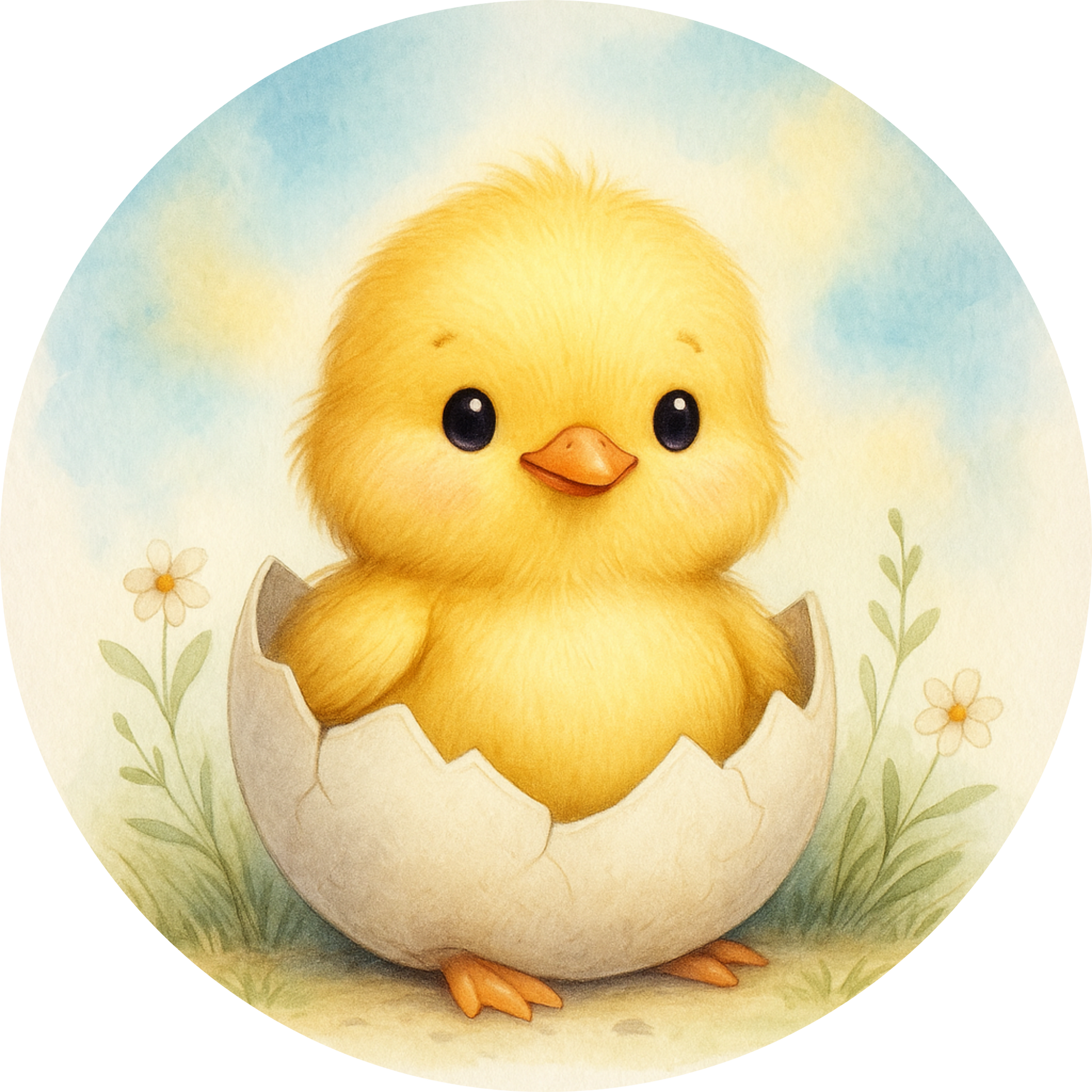 Küken schlüpft aus Ei, auf Wiese vor blauem Himmel