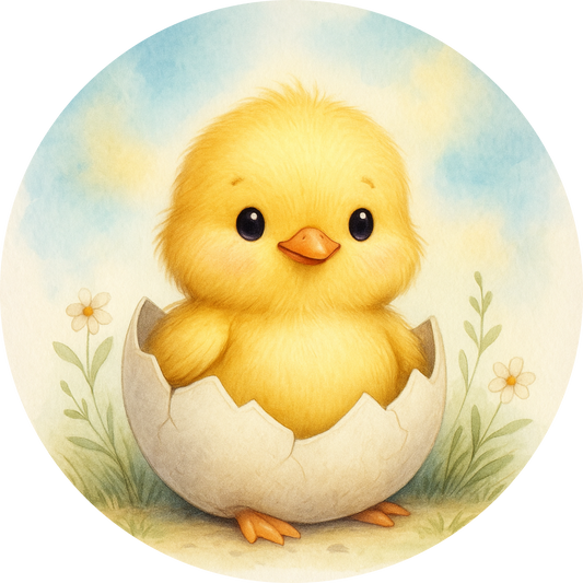 Küken schlüpft aus Ei, auf Wiese vor blauem Himmel