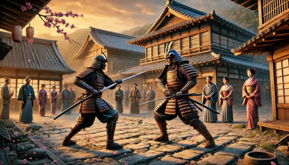 Dynamisches Nachtbild mit traditionellen Gebäuden, Schattenkämpfern und spannungsvoller Atmosphäre in einer fernöstlichen Stadt.