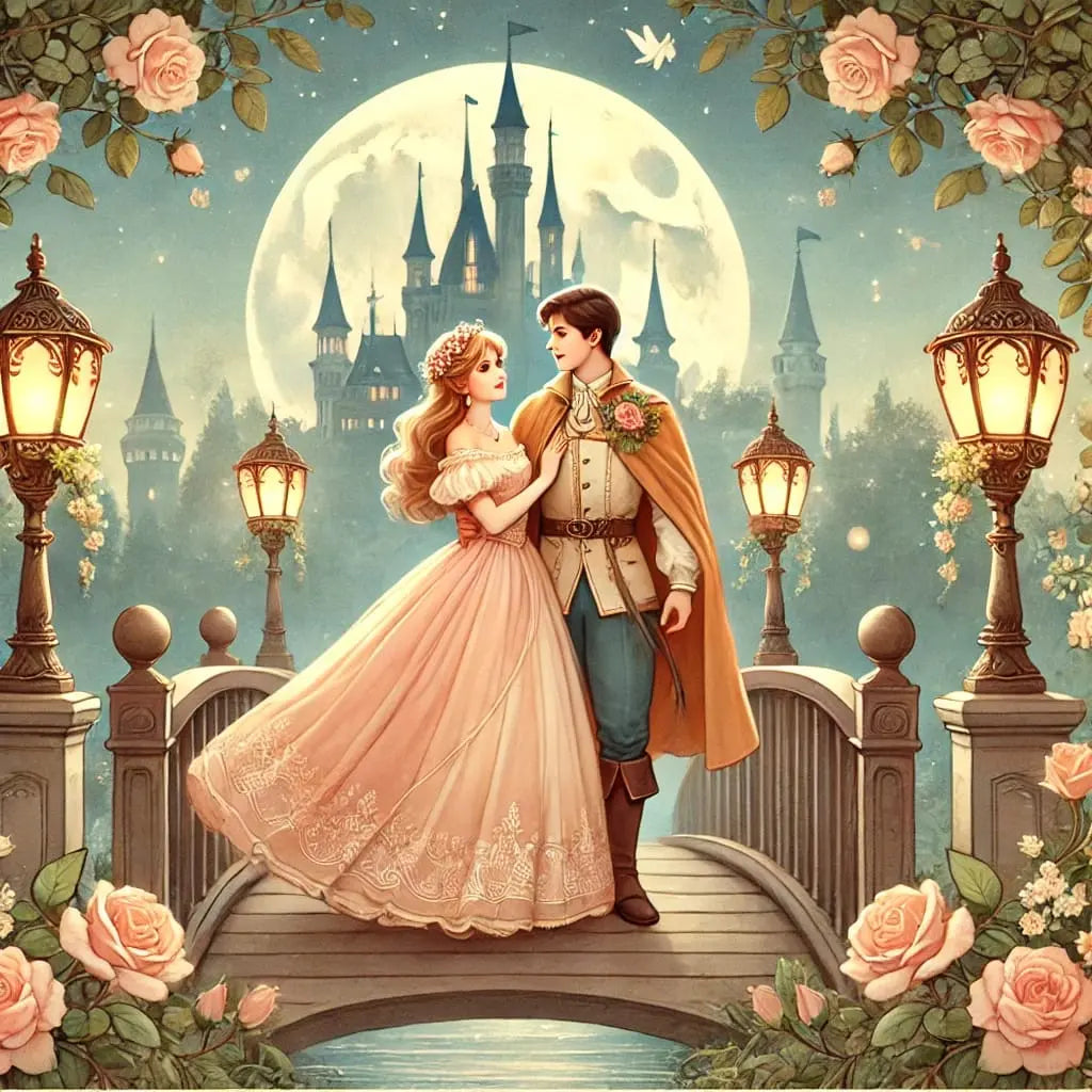 Romantisches Paar in märchenhafter Kleidung tanzt auf einer Brücke vor einem beleuchteten Schloss bei Vollmond.