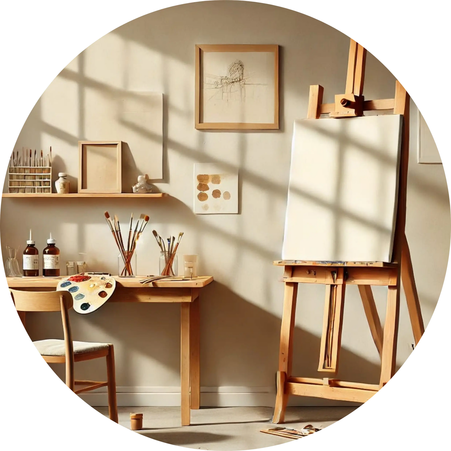 Kalligrafie-Atelier mit Pinsel, Tinte und feinem Papier
Stilvoll eingerichtetes Arbeitszimmer für Kalligrafie mit traditionellen Werkzeugen wie Pinsel, Tusche, Schreibfedern und Zeichenpapier – ideal für Kreative und Schriftkunstliebhaber.