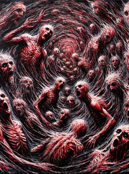 Symbolträchtiges Bild eines zusammengerollten Wesens in leidvoller Pose – dargestellt als verdrehter Körper in Dunkelheit.