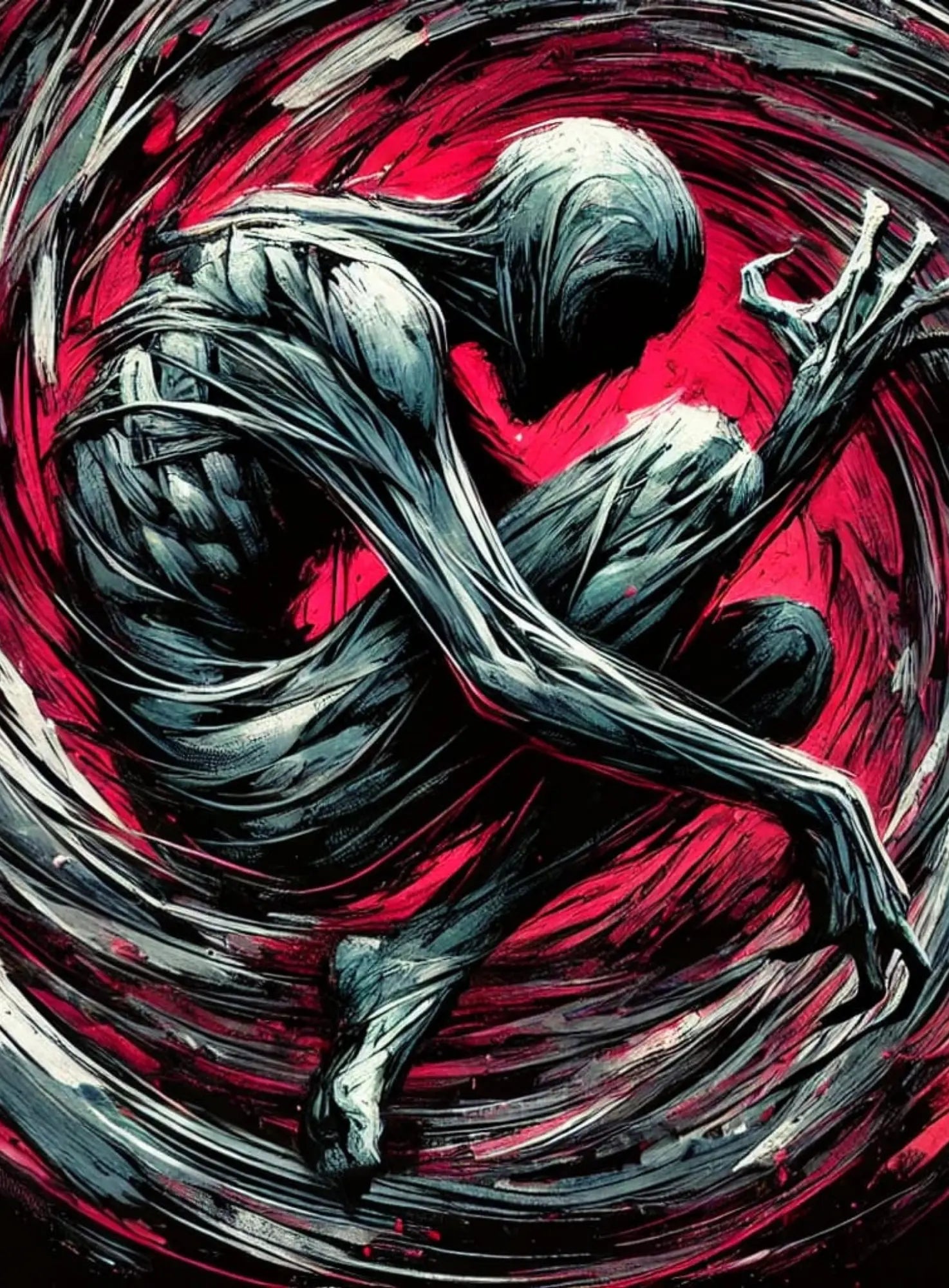 Symbolträchtiges Bild eines zusammengerollten Wesens in leidvoller Pose – dargestellt als verdrehter Körper in Dunkelheit.