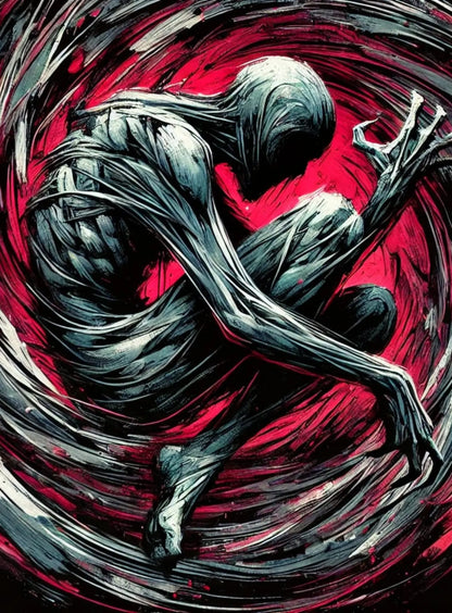 Symbolträchtiges Bild eines zusammengerollten Wesens in leidvoller Pose – dargestellt als verdrehter Körper in Dunkelheit.