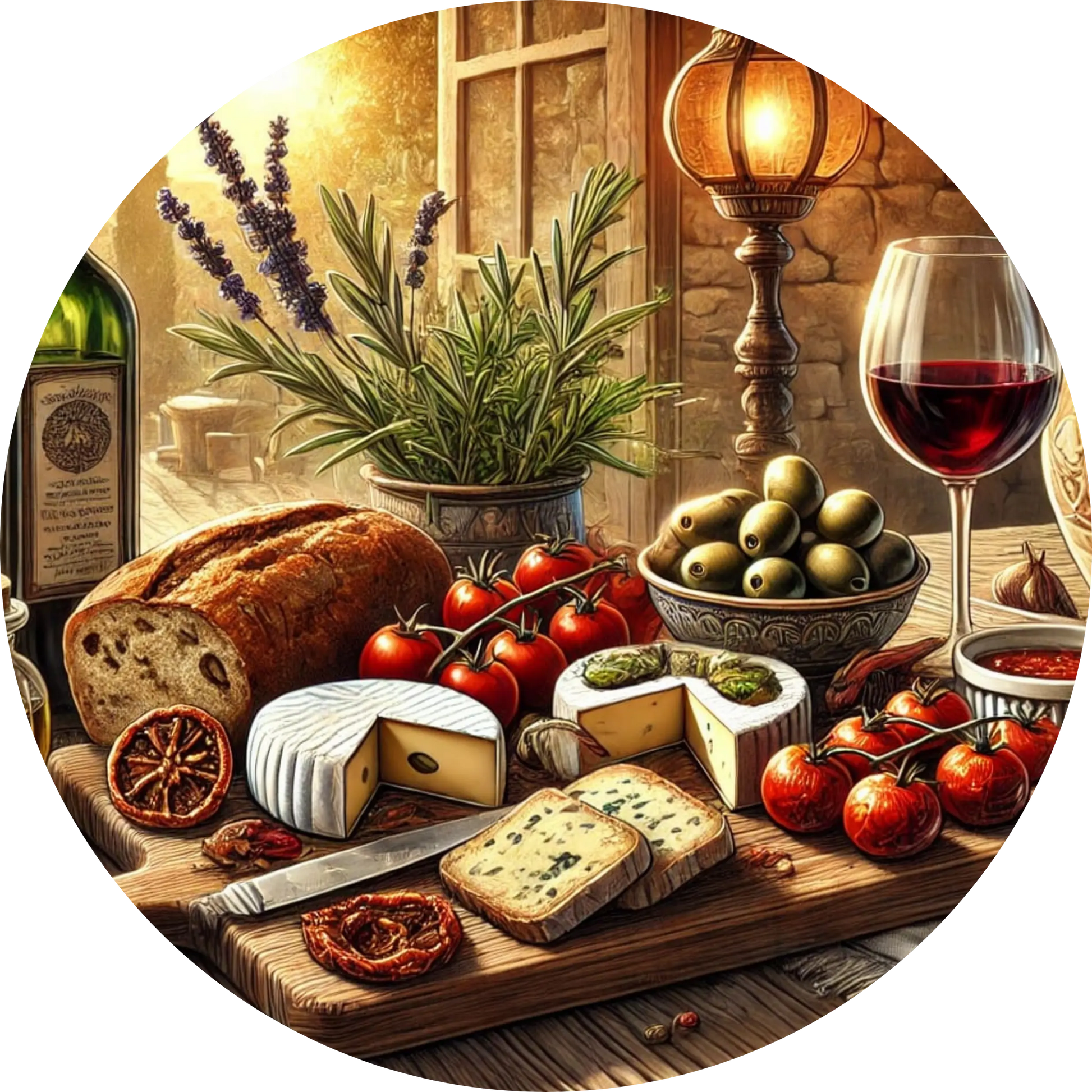 Französisches Käse- und Brotbrett mit Rotwein im Hintergrund