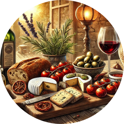 Französisches Käse- und Brotbrett mit Rotwein im Hintergrund