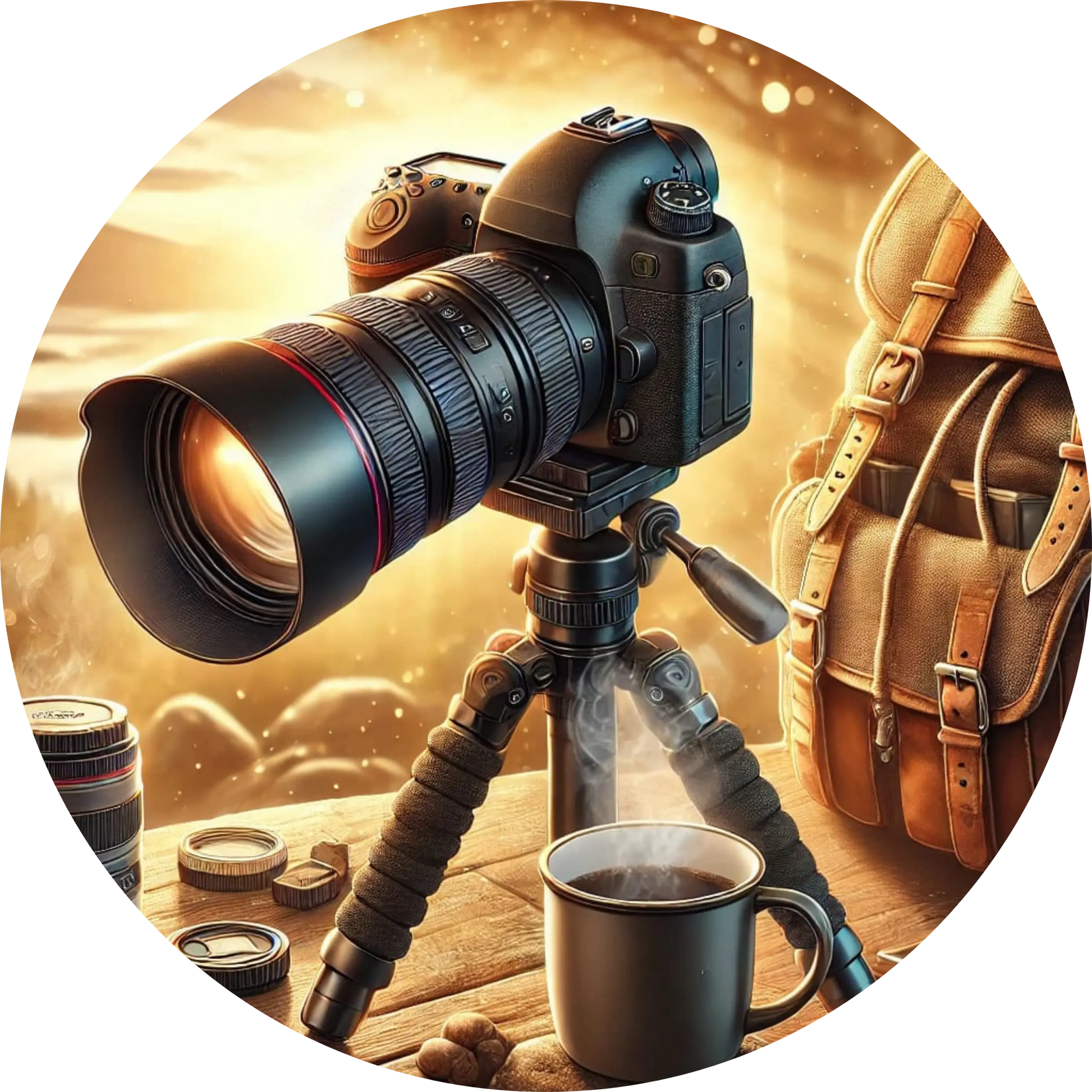 Kamera auf Stativ im warmen Sonnenlicht – Szene für Outdoor-Fotografie im Abendlicht.