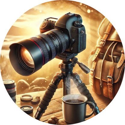 Kamera auf Stativ im warmen Sonnenlicht – Szene für Outdoor-Fotografie im Abendlicht.