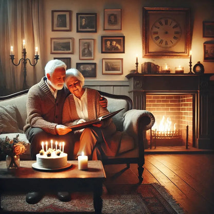 Liebevolles älteres Paar sitzt gemütlich vor dem Kamin und blättert gemeinsam durch ein Fotobuch – romantische Szene bei Kerzenschein.