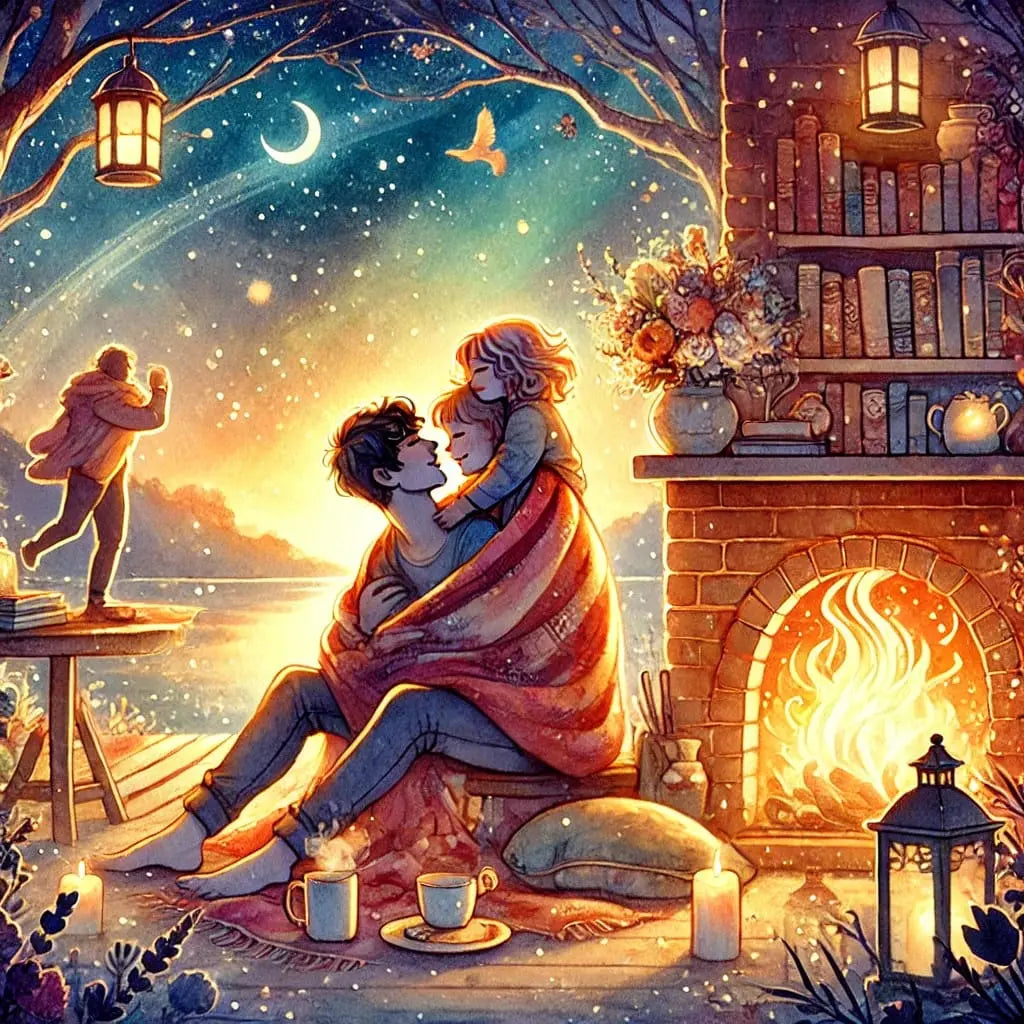 Romantische Szene vor einem Kamin mit zwei sich umarmenden Personen, intime Darstellung von Geborgenheit und queerer Liebe.