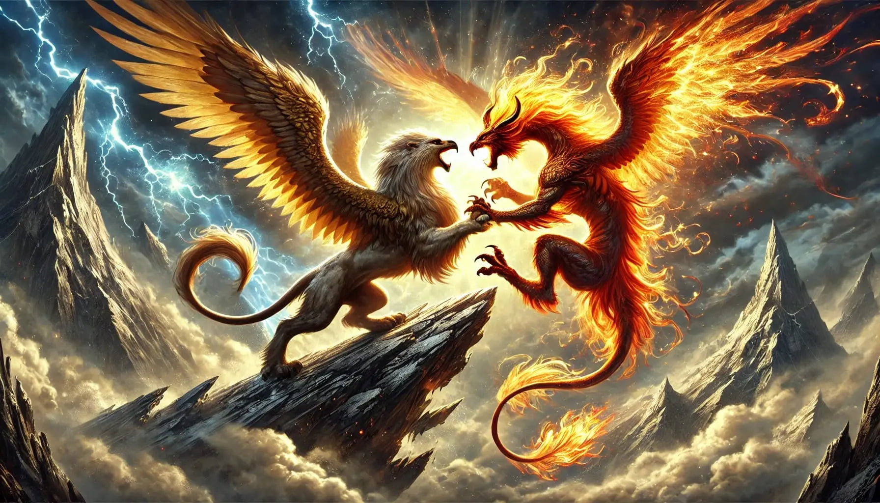 Kampf zwischen Phönix mit feurigem Schweif und Mischwesen mit Flügeln und Schnabel  vor leuchtenden Abendwolken