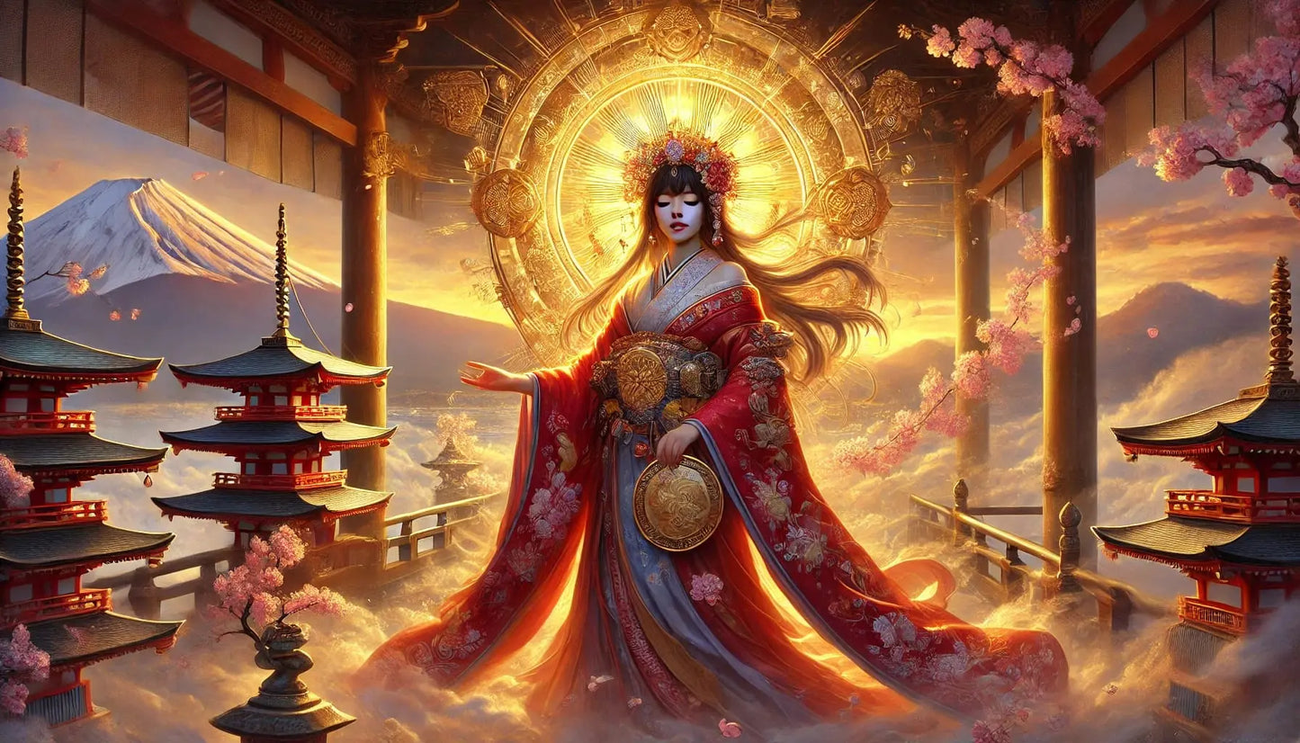 Starke weibliche Figur/Göttin des Mitgefühls in traditioneller Kleidung, umgeben von goldenen Lichtstrahlen, schwebend in einem fernöstlichen Tempel.