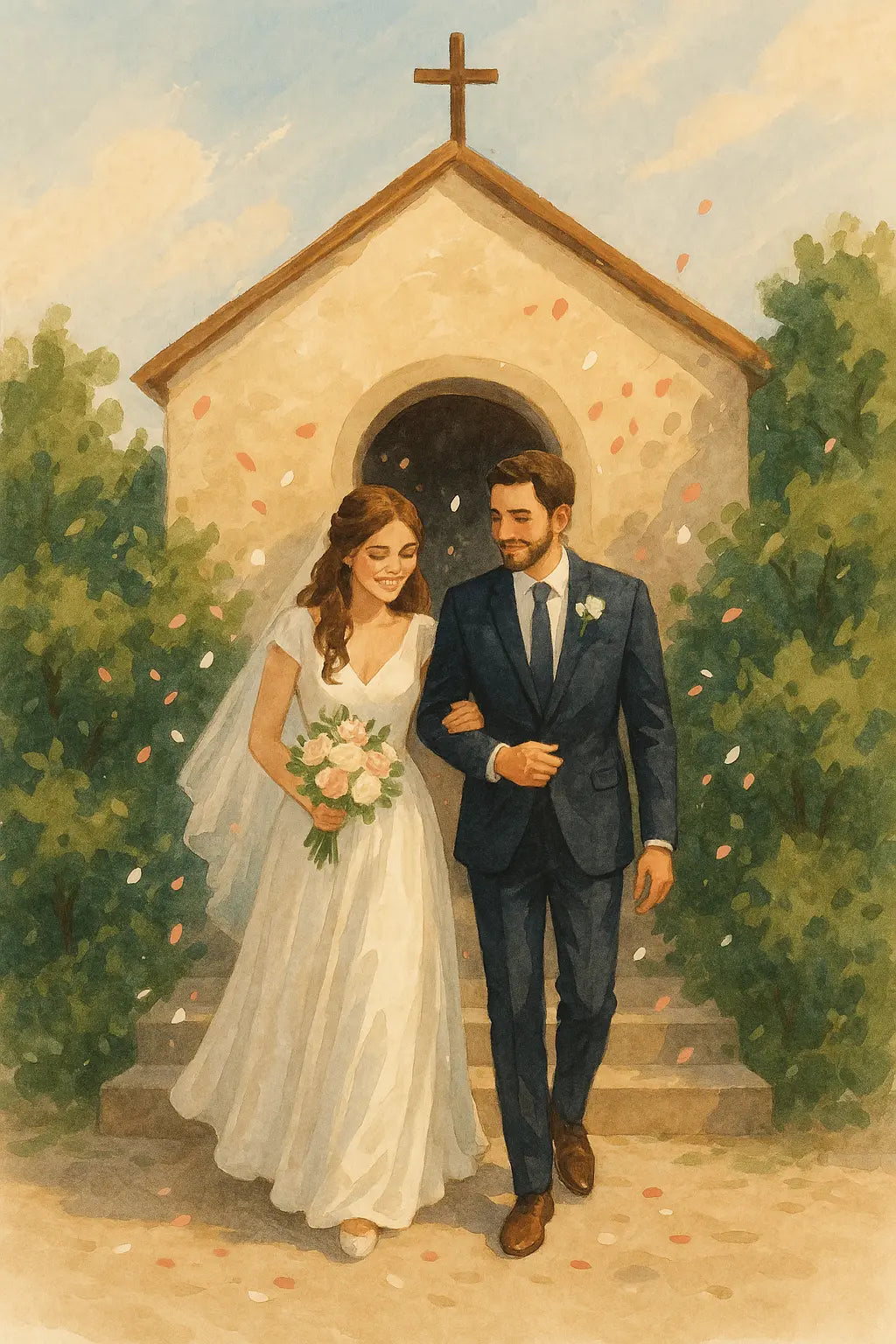 Frisch verheiratetes Paar verlässt Hand in Hand eine kleine Kapelle, umgeben von blühenden Büschen und fallenden Blütenblättern.