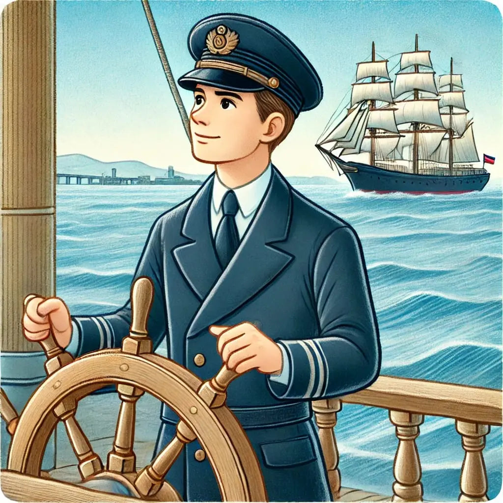 Kapitän am Steuerrad eines historischen Schiffs