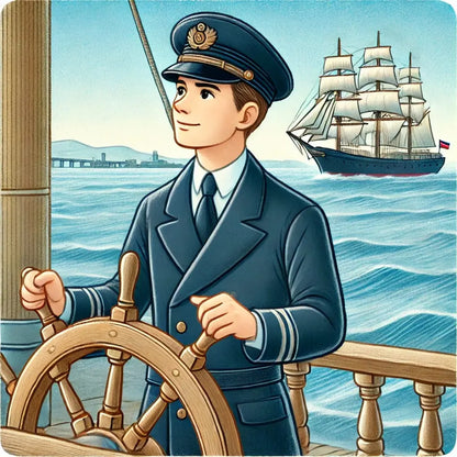 Kapitän am Steuerrad eines historischen Schiffs