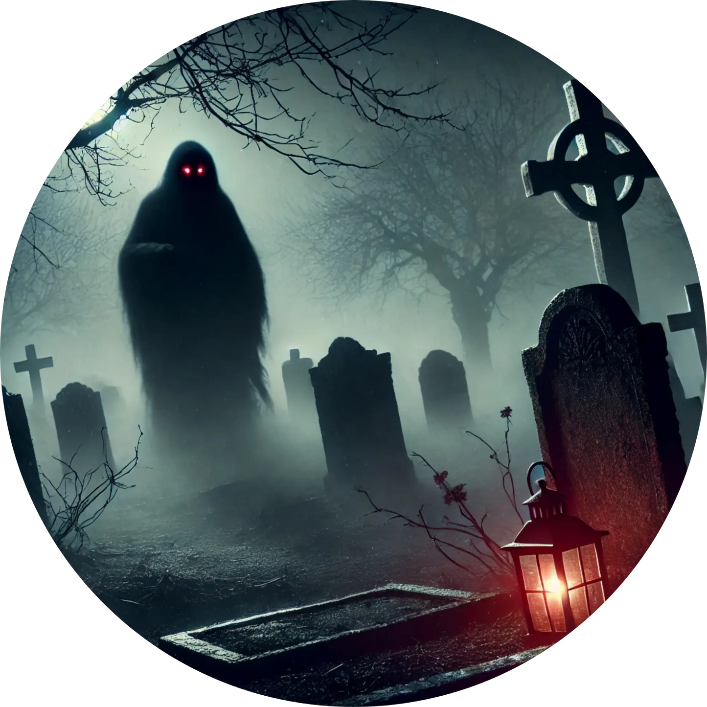 Schattenhafte Gestalten mit Kapuzen vor einem alten Haus im Nebel