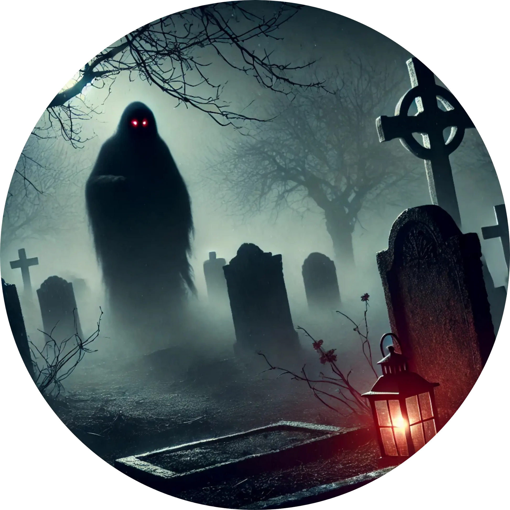 Schattenhafte Gestalten mit Kapuzen vor einem alten Haus im Nebel