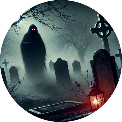 Schattenhafte Gestalten mit Kapuzen vor einem alten Haus im Nebel