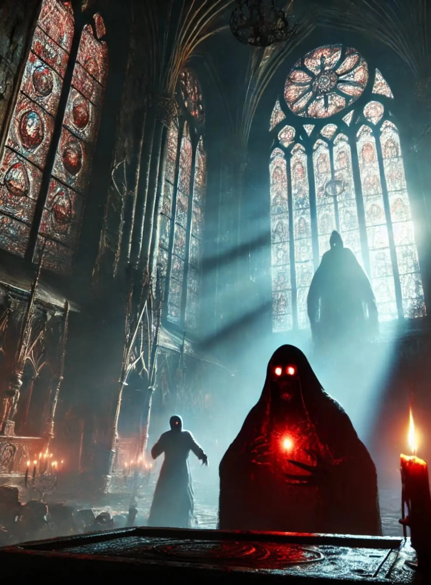 Mystisches Horrormotiv: Eine dunkle Kapuzengestalt steht auf einem Hügel vor einer gotischen Kathedrale, die in rotes Licht getaucht ist – unheilvolle Atmosphäre pur.