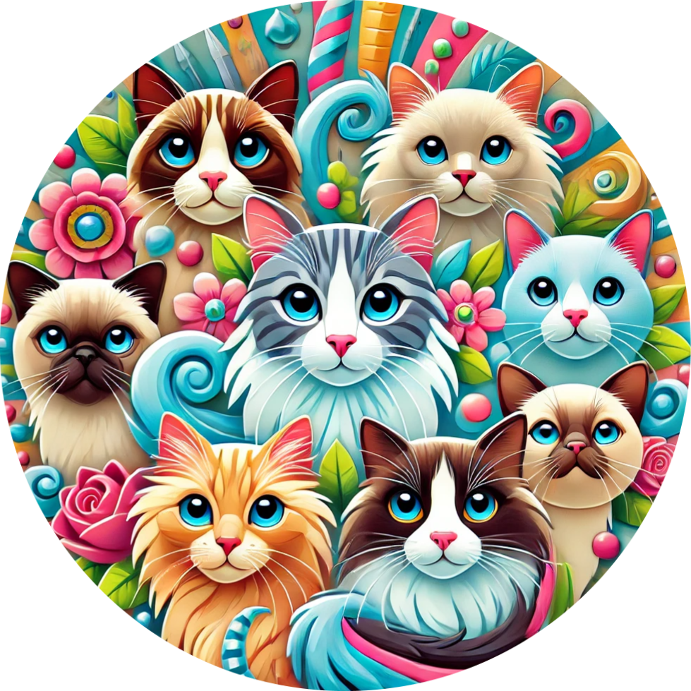 Bunte Comic-Katzen in einer bunten Gruppenillustration – verspielter Stil