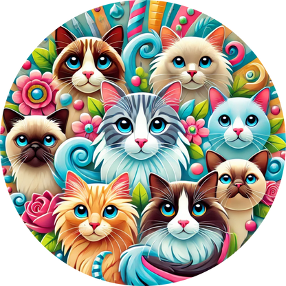 Bunte Comic-Katzen in einer bunten Gruppenillustration – verspielter Stil