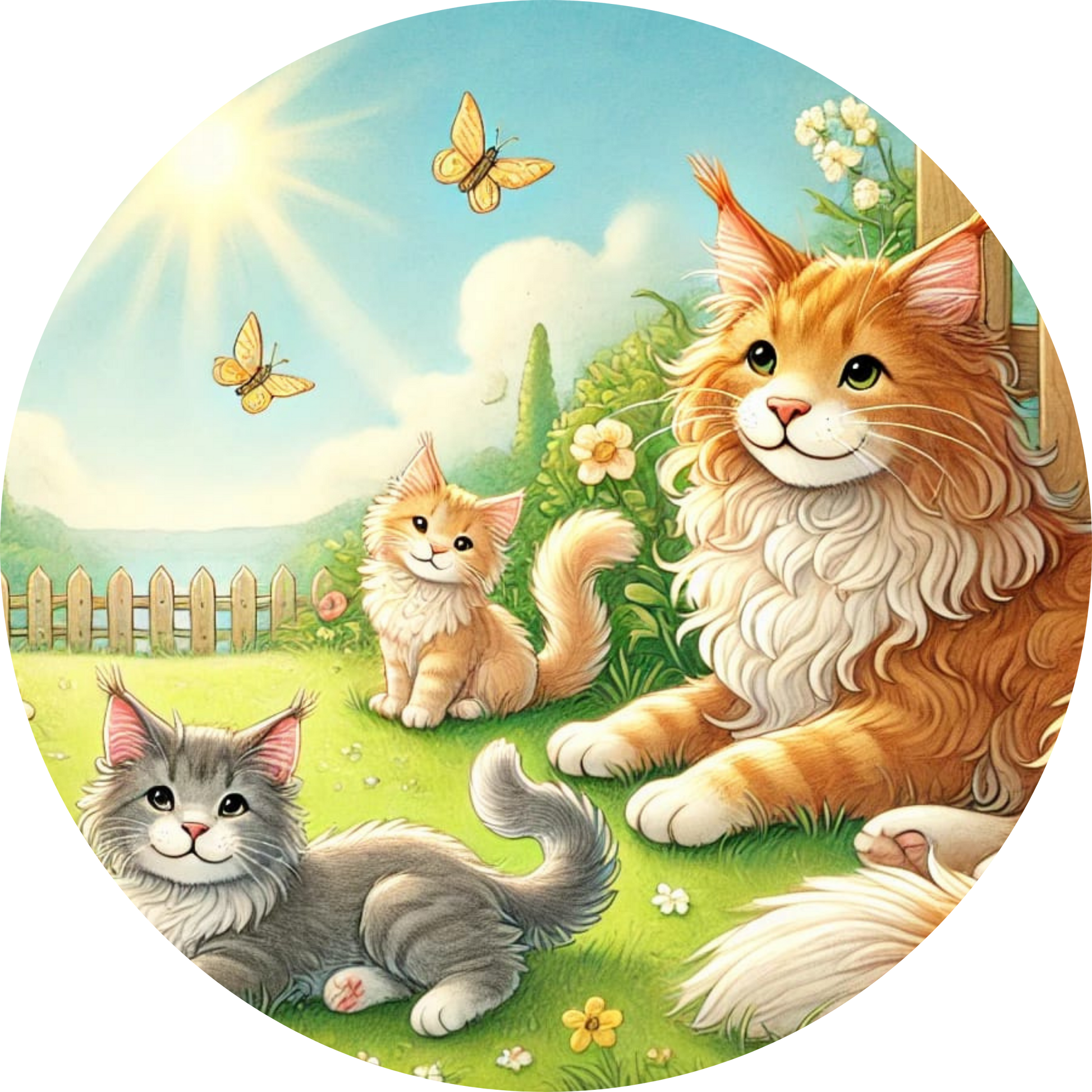 Drei kuschelige Katzen in einem sonnigen Garten mit Schmetterlingen