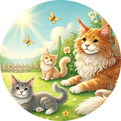 Drei kuschelige Katzen in einem sonnigen Garten mit Schmetterlingen