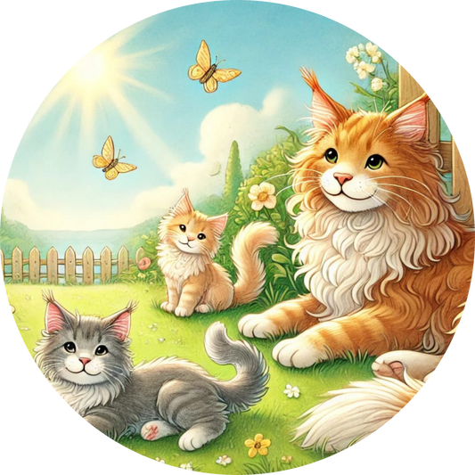 Drei kuschelige Katzen in einem sonnigen Garten mit Schmetterlingen