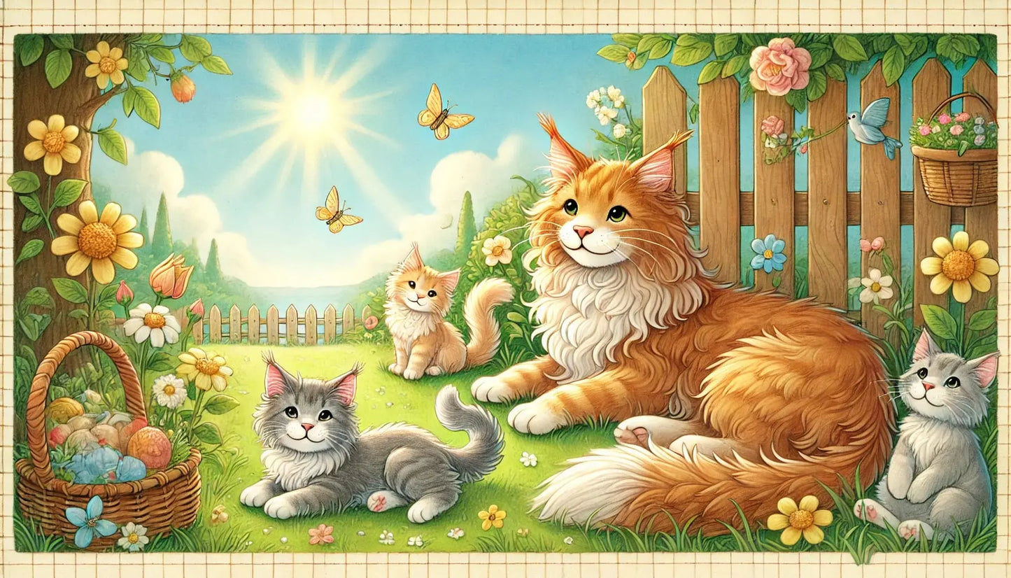 Katzenfamilie mit spielenden Kätzchen in sonnigem Garten mit Blumen.