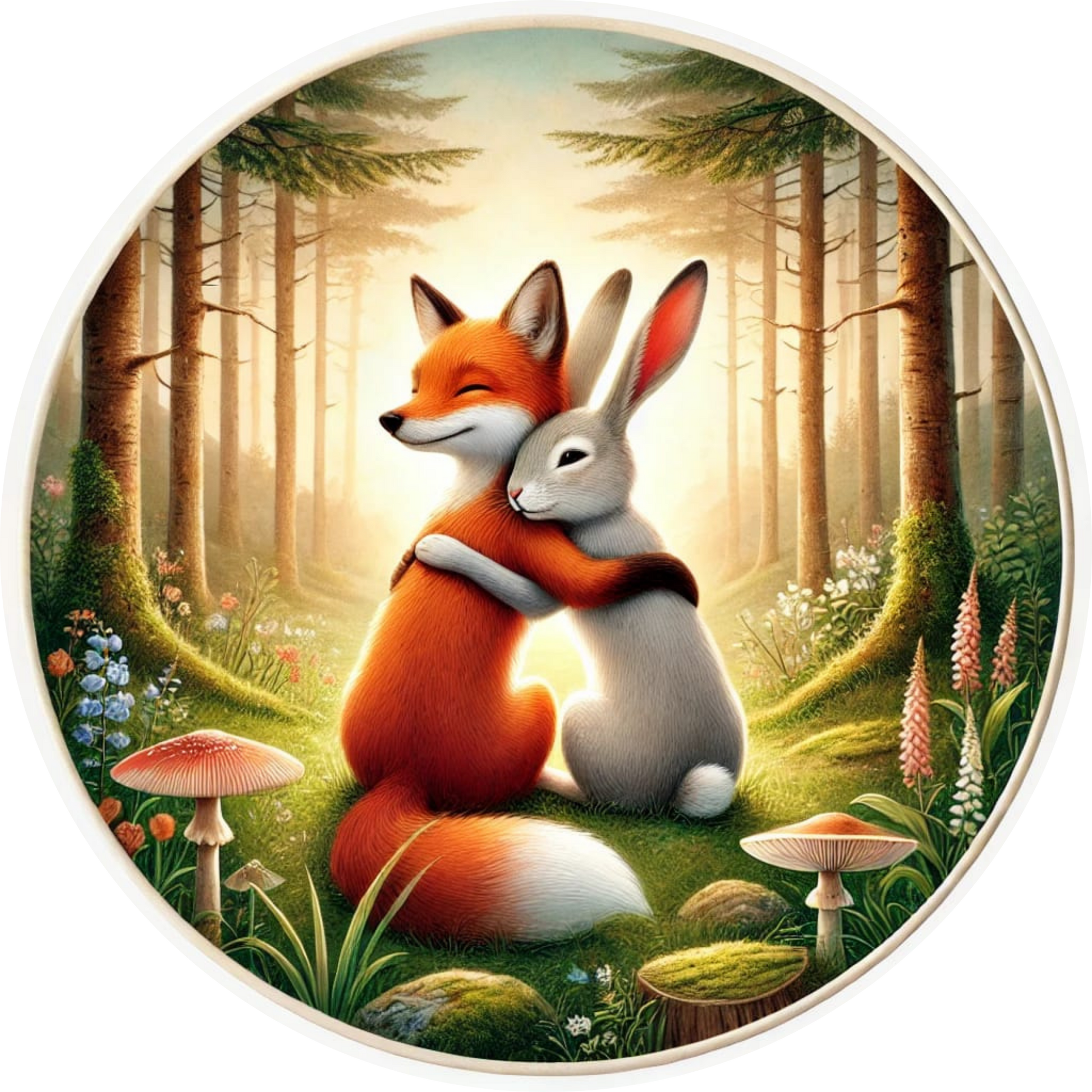 Rotfuchs mit Hase im Waldboden, Sonnenstrahlen im Hintergrund – Naturmotiv