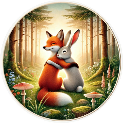 Rotfuchs mit Hase im Waldboden, Sonnenstrahlen im Hintergrund – Naturmotiv