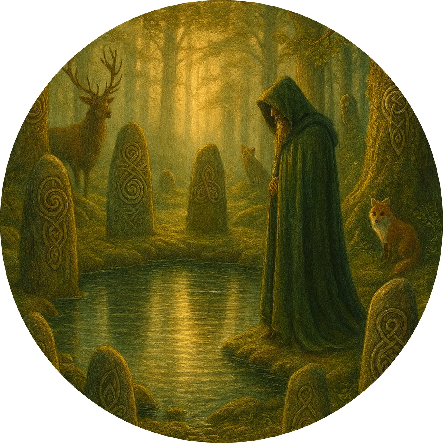 Dunkle Gestalt im heiligen Hain – Eine vermummte Figur steht zwischen nebelverhangenen Bäumen und alten keltischen Steinen.